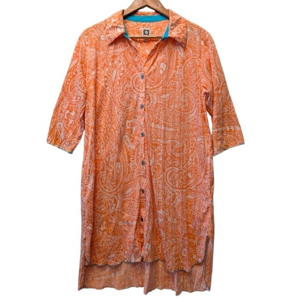 Anne Klein Dresses & Skirts - Anne Klein Orange Paisley Button Down Tunic Dress High Low Hem 3/4 Sleeve Small